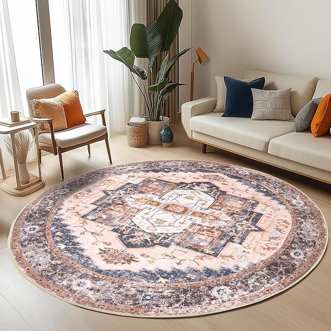 Washable 6ft Area Rugs, Rugs for Living Room, Low-Pile Water&Stain Resistant Carpet Vintage Distressed Printed Non-Slip Carpet for Bedroom Bathroom Kitchen-Pink/Brown/Navy Blue/Black