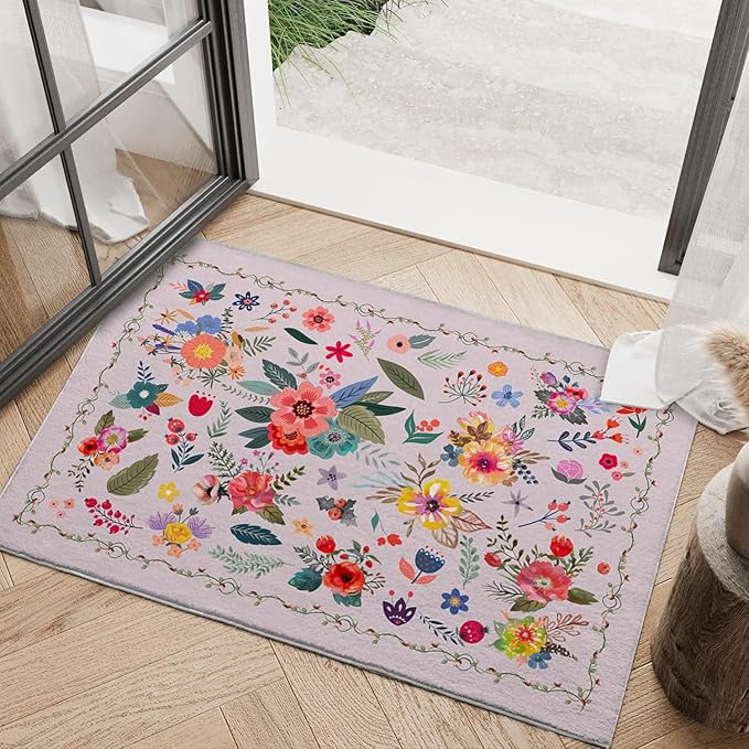 Bathroom Mat Floral Rugs Flower Botanical Modern Machine Washable Soft Plush Rug Carpet Non Slip Colorful Pink Aesthetic Area Rug for Entryway Kitchen Living Room Bedroom Dining Room Home 20x31.5 Inch