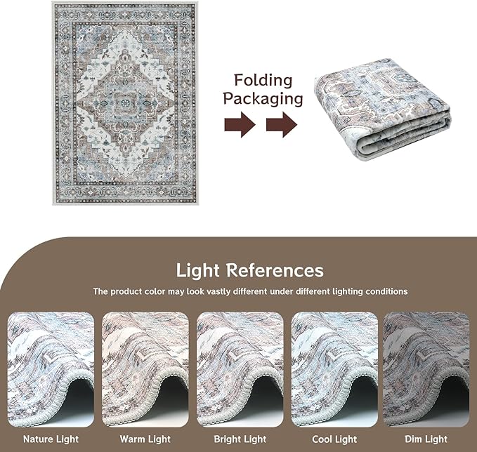 Washable Rug 3x5 Non-Slip Vintage Retro Rugs Low Pile Lightweight Print Carpet Indoor Entryway Door Mat Throw Rug for Living Room, Bedroom, Dining Room (Beige & Taupe)