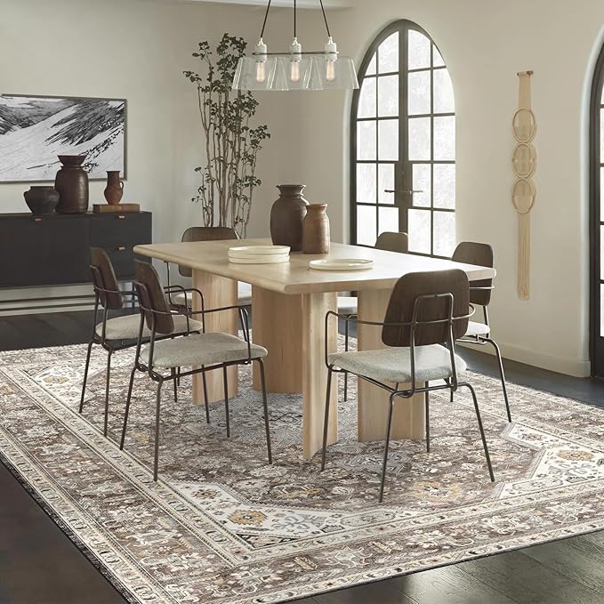 Washable Area Rug - 6x9 Bedroom Living Room Large Indoor Rugs Soft Oriental Vintage Rugs Non-Slip Backing Stain Resistant for Farmhouse Kitchen (6x9 Brown)