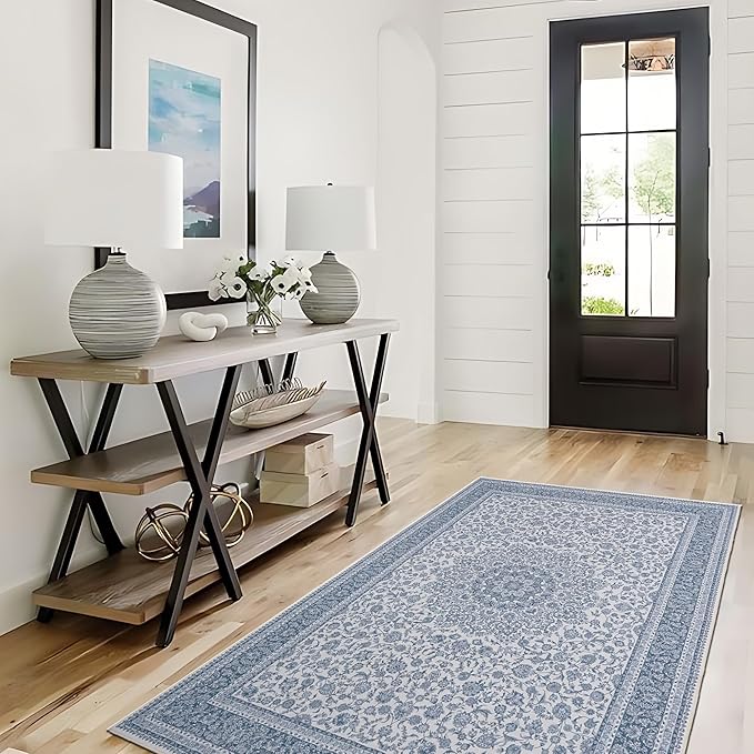 Floral Washable Area Rug 3x5, Spill-Proof Surface, Non-Slip Backing, Cozy Soft Faux Wool, Printed Rug for Entryway, Kitchen Rugs, Bedroom, Bathroom - Ieve