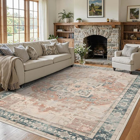 5X7 Washable Area Rug for Living Room, Neutral Vintage Boho Rugs for Office, Dining Room, Kids Room, Farmhouse, Low Pile Non Slip Carpet for High Traffic Areas, Coral