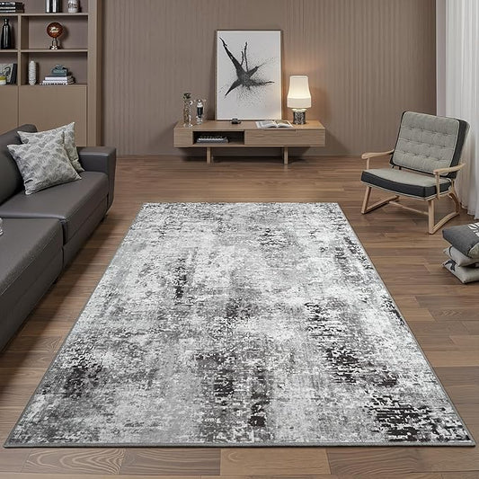 4x6 Dark Grey Washable Area Rug for Living Room Bedroom, Modern Abstract Non-Slip Rugs, Low Pile Soft Stain Resistant Carpet for Dining Room, Kitchen, Office, Dorm, Bedside Decor