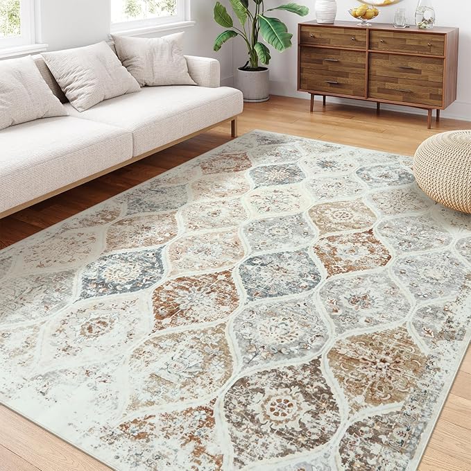 LIVEBOX Entryway Rug 3x5 Washable Area Rugs for Kitchen Bathroom, Boho Non-Slip Front Door Mat for Bedroom, Moroccan Low-Pile Carpet Throw Indoor Mats for Bath Laundry Room, Beige