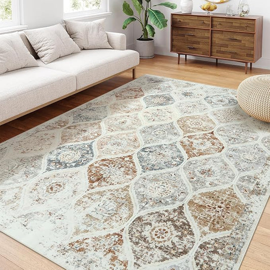 LIVEBOX Entryway Rug 3x5 Washable Area Rugs for Kitchen Bathroom, Boho Non-Slip Front Door Mat for Bedroom, Moroccan Low-Pile Carpet Throw Indoor Mats for Bath Laundry Room, Beige