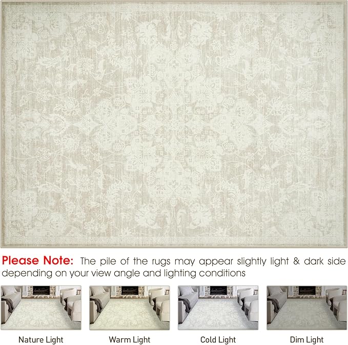 Washable Rugs 8x10 Area Rugs, Soft Vintage Living Room Rug with Anti-Skid Backing Stain Resistant Thin Indoor Carpet Large Area Rug for Bedroom Under Dining Room Table Nursery Entryway-Beige