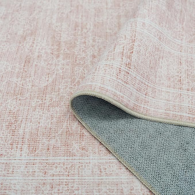 Washable Oriental Area Rug - 9x12 Rugs for Living Room Soft Carpet for Bedroom Waterproof Floral Distressed Indoor Stain Resistant Non-Shedding Floor Carpets (Pink, 9x12)