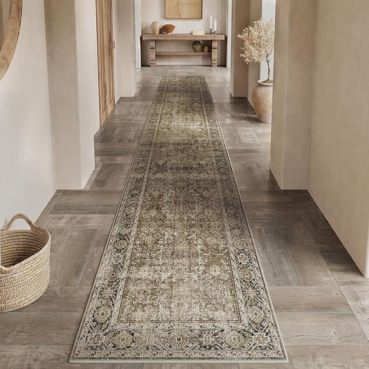 Brown Runner Rug 2x14 Vintage Area Carpet Hallway Long Indoor Kitchen Washable Living Room Low Pile Traditional Distressed Retro Accent Throw Rug Non Slip Laundry Bathroom Office Dining Room