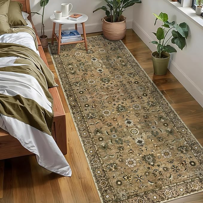 2x10 Hallway Runner Rug, Washable Non-Slip Vintage Floral Boho Runner Rug for Hallway Entryway Indoor, Brown Print Carpet,Soft Low Pile Long for Kitchen Bedroom