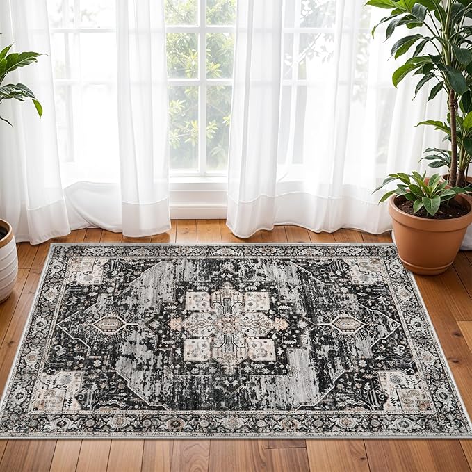 RUUGME Washable 2x3 Area Rugs - Large Boho Rugs for Living Room Stain Resistant Carpet Vintage Tribal Rugs for Bedroom Kitchen Bathroom with Non Slip Backing Home Decor Floor Decoration Mat 2x3 Black