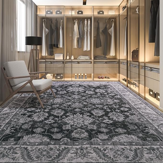 Area Rugs for Living Room, Washable 5x7 Area Rug for Bedroom, Retro Floral Non-Slip Carpet for Nursery Home Office Dining Room Kitchen, Grey