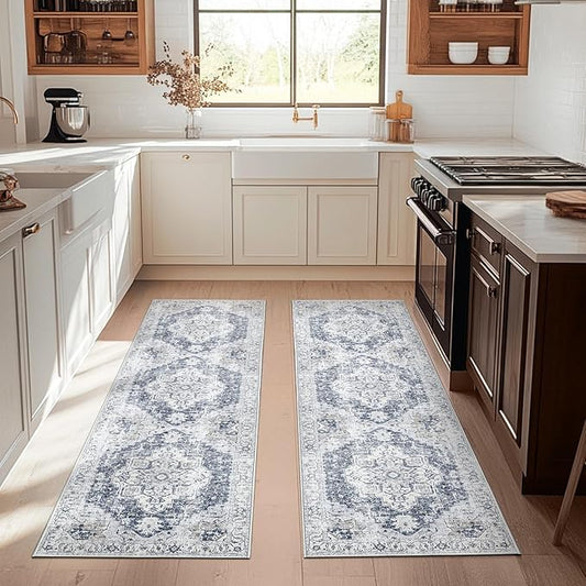 jinchan Runner Rug 2x6-2pcs Hallway Rug Kitchen Washable Runner Vintage Mat Retro Print Lightweight Non-Slip Floor Cover Distressed Thin Carpet for Entryway Bathroom Bedroom Laundry Room Grey