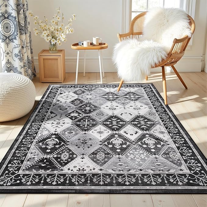 4x6 Washable Area Rug for Bedroom, Black/Grey Boho Non-Slip Living Room Rugs, Moroccan Floral Trellis Carpet Soft Low Pile Accent Indoor Mat for Bedside Kitchen Laundry Room