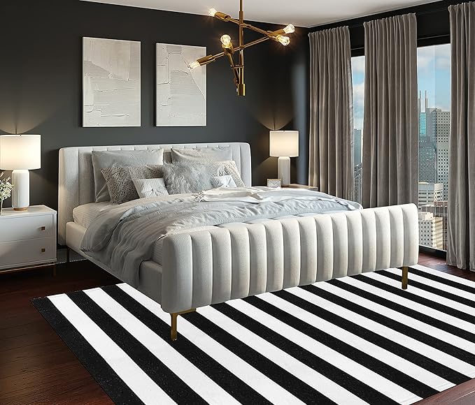 Seavish Black and White Rug, 5x8 ft Outdoor Patio Rugs, Handmade Cotton Woven Farmhouse Christmas Halloween Decor Rug, Machine Washable Carpet Rugs for Living Room Entryway Home Office Dining Room