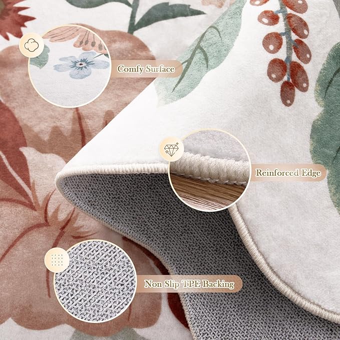 Beeiva 6x9 Area Rugs for Living Room, Washable Floral Playroom Rug, Thin Low Pile Stain Resistance Large Carpet for Bedroom, Dining Room or Nursery - Beige