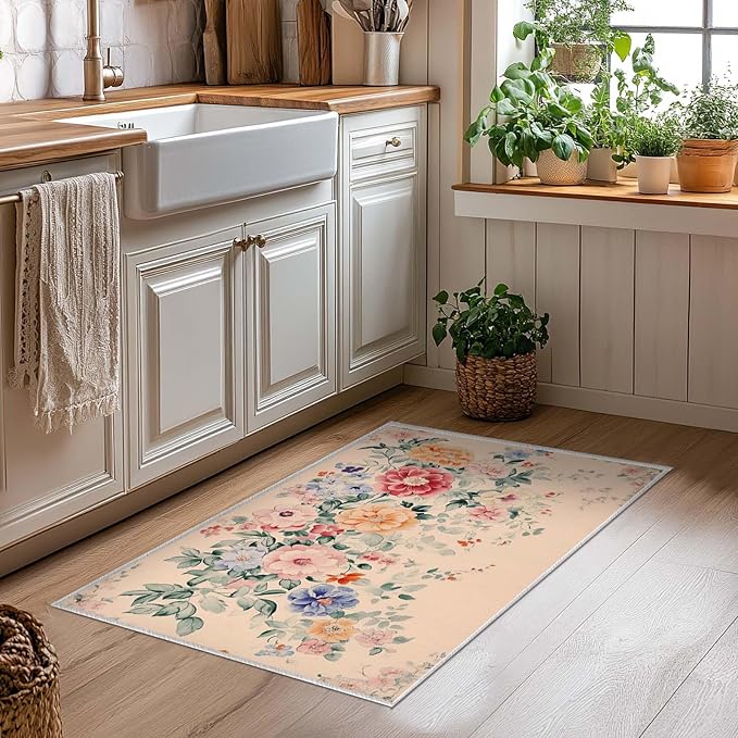 2x3 Entryway Rugs Machine Washable Area Rug Pink Blue Red Yellow Floral Boho Botanical Leaf Flower Rug Non-Slip Low Pile Door Mat Entrance Small Carpet for Home Kitchen Bathroom Bedroom