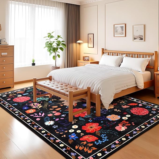 5x7 Black Floral Rug for Girls Bedroom, Machine Washable Area Rugs with Non Slip Backingfor Living Room, Cute Flowers Carpet Kitchen Dining Room Kids Playroom Decor