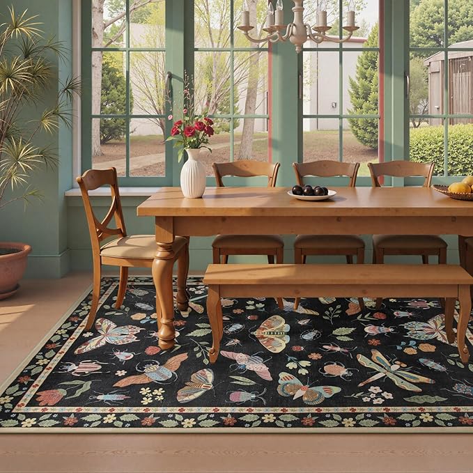 Beeiva Insect Print Rug 5x7, Washable Rugs for Living Room, Boho Non Slip Low Pile Ultra Thin Foldable Large Carpet for Office, Bedroom, Kids Room, Playroom - Black