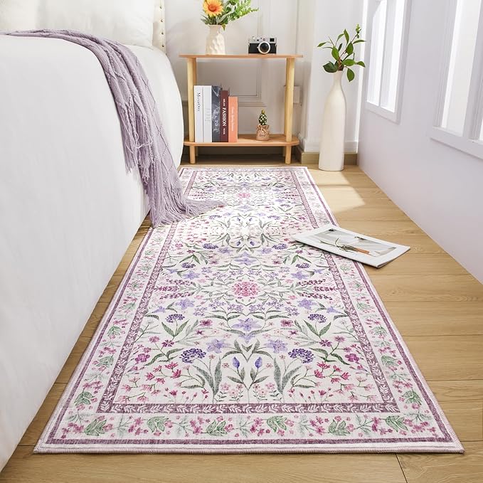 Amearea Purple Runner Rugs for Hallway, 2x6 Feet Area Rugs for Bedroom Girls, Washable Floral Collection Bedside Rugs Low Pile Print Carpet, Kids Room Entrance Kitchen Living Room Decor