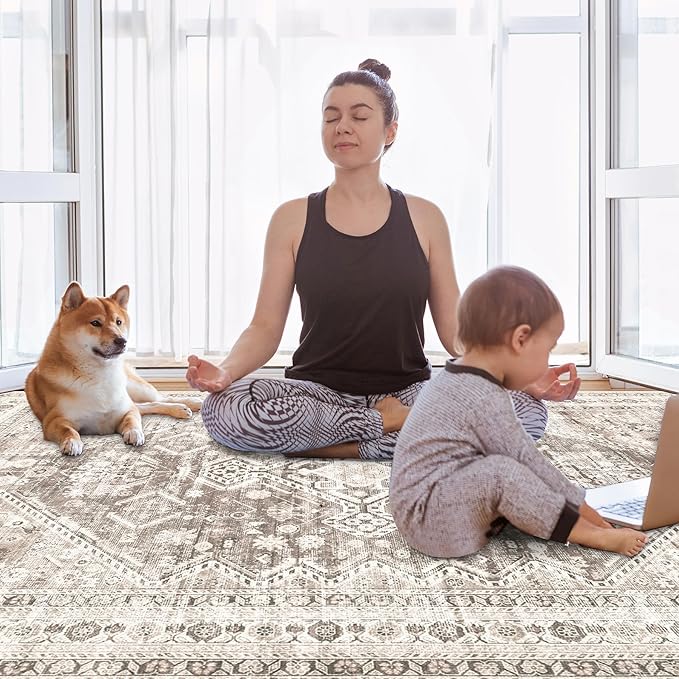 Zomfy Area Rug Vintage 9x12 Living Room Rugs: Large Washable Rug, Traditional Medallion Rug, Non Slip Boho Carpet for Bedroom Dining Table Kitchen Home Office(Brown, 9'x12')