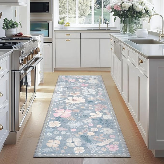 Kitchen Runner Rug 2x6 Washable Non Slip Soft Boho Floral Carpet Runner for Hallways Low Pile Thin Faux Fur Long Area Rug for Bedroom Entrance Patio Laundry Room Bathroom,Pastel Blue