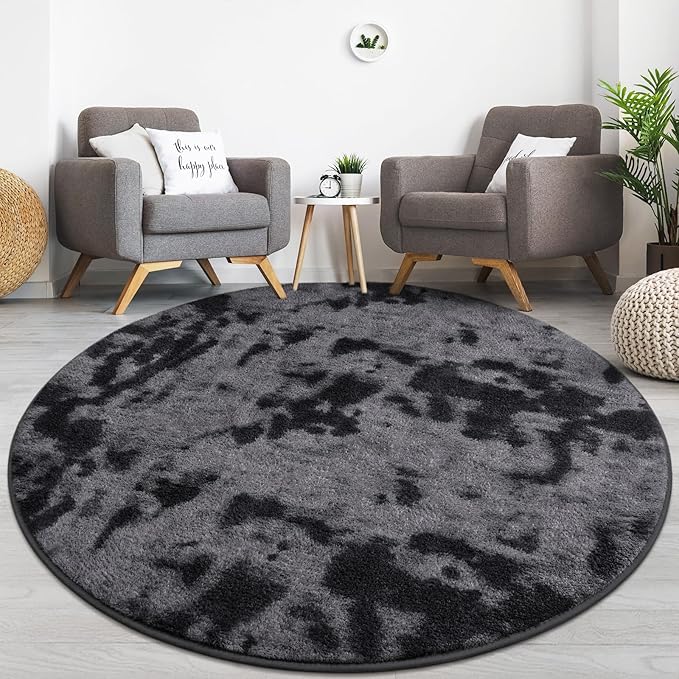 Lascpt Round Rug for Bedroom 6x6, Tie-Dyed Deep Grey Circle Rug for Living Room Super Soft Thicken Memory Foam Circular Rug, Indoor Area Rug for Modern Home Decor, Round Carpet for Nursery Kid's Room