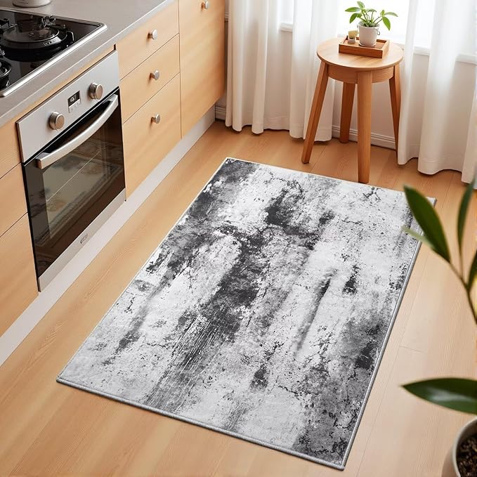 Washable Abstract Rug, 2x3 Small Modern Area Rugs with Non-Slip Rubber Backed for Kitchen, Thin but Soft Throw Carpet Bedroom Entryway Front Door Decor, Black Grey