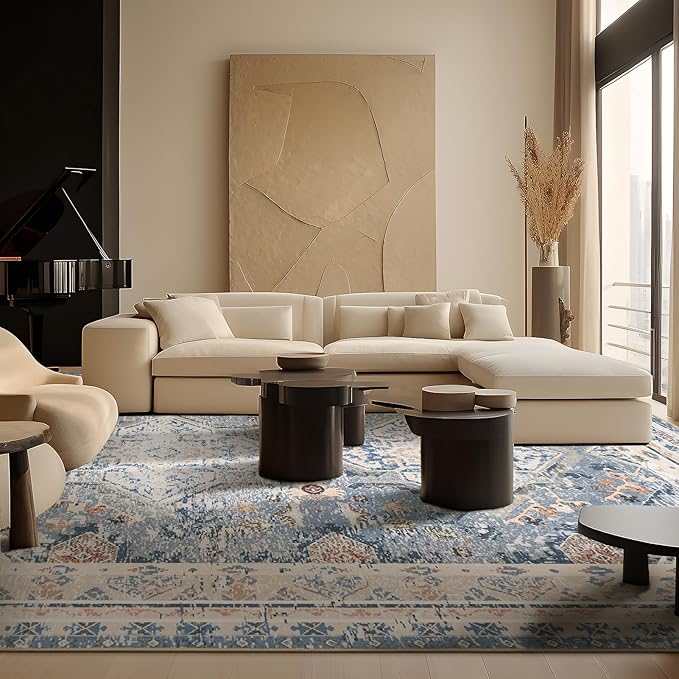 Phantoscope Vintage Collection Area Rug 6'x9' - Large Living Room Rug - Washable Rug Boho Rugs Non-Slip for Bedroom Dining Room, Low-Pile Floor Carpet Distressed Accent Rug, Dusty Blue/Multi