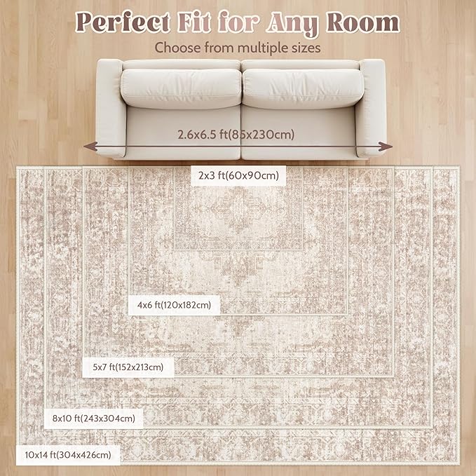 10x14 Area Rugs Washable Rug: Large Vintage Living Room Rug with Non-Slip Backing Low Pile Rugs Soft Indoor Floor Thin Carpet Neutral Carpets for Bedroom Dining Room Farmhouse Nursery Brown/Cream