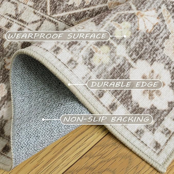 9X12 Area Rugs Machine Washable Rugs for Living Room Bedroom Hallway, Non Slip Indoor Soft Accent Distressed Boho Vintage Print Lightweight Thin Low Pile Carpet (Coffee, 9x12)