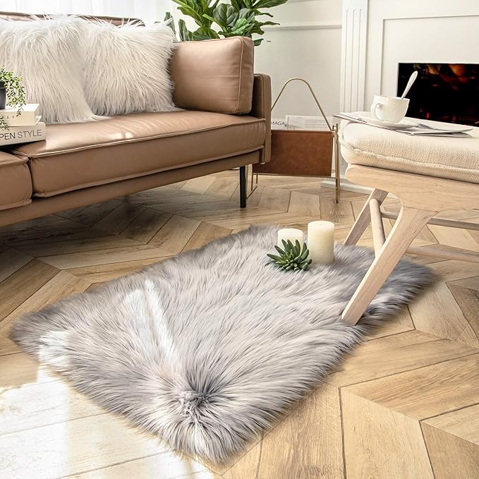 Ashler faux fur rug, Fluffy Shaggy Area Rug Ultra Soft 2 x 2.9 Feet Rectangle Fur Rug Grey Fuzzy Rug Machine Washable Shag Rug, Nursery Decor Throw Rugs for Bedroom, kids room, Living Room