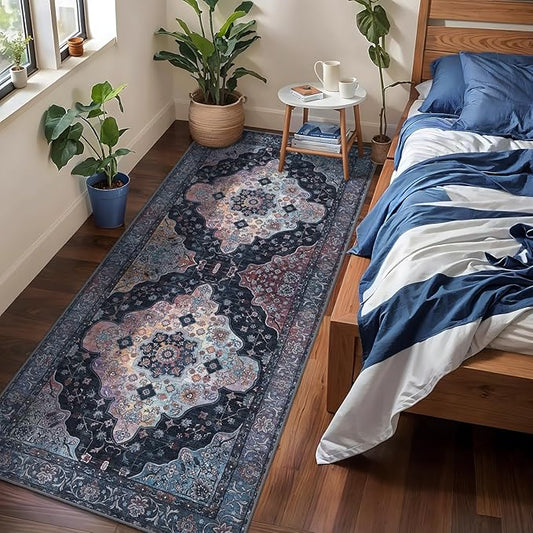 2x6 Washable Runner Rug for Hallways, Non Slip Vintage Runner, Soft Low Pile Long Rug Runner, Print Distressed Navy/Mlulti Carpet Runners for Kitchen Bedroom Entryway Bathroom Living Room