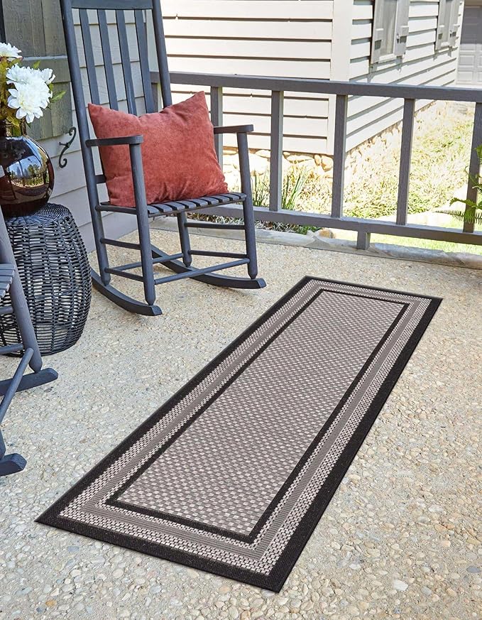Unique Loom Outdoor Border Collection Area Rug - Multi Border (2' 7" x 10' Runner Gray/Black)