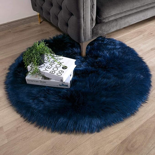 Ashler Faux Fur Rug - Fluffy Shaggy Area Rug, Ultra Soft 3 x 3 Feet Round, Navy Blue Fuzzy Machine Washable Shag, Nursery Decor Throw for Bedroom, Kids Room, Living Room
