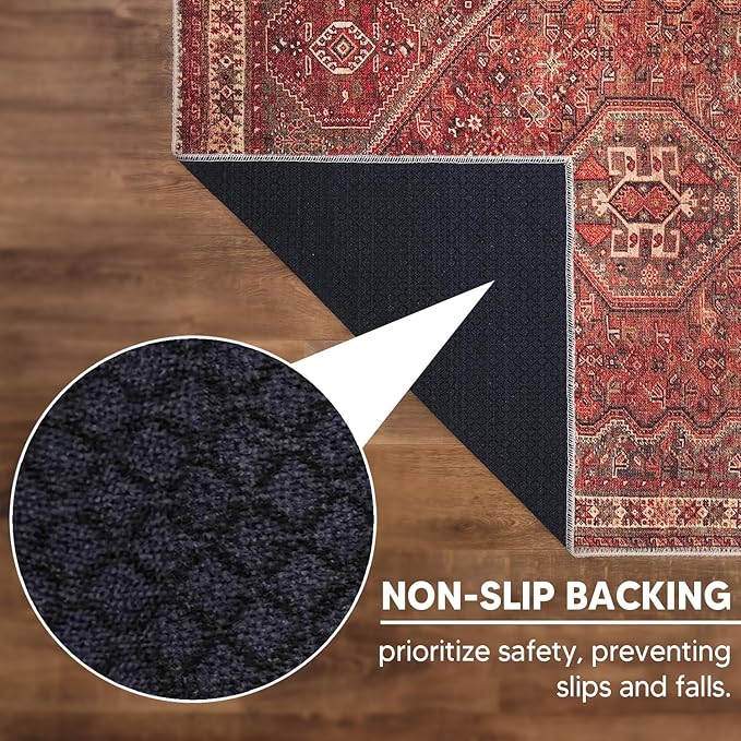 Keen Home Design Machine Washable Area Rugs with Non-Slip Backing, Ideal for Hallway, Living Room, Bedroom, Kitchen and Laundry Room, Vintage Moroccan and Low Pile Rug - (2'6'' x 12'), Red/Brown
