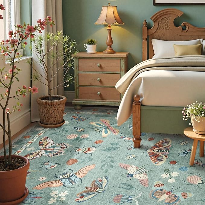Beeiva Insect Print Rug 8x10, Non Slip Washable Living Room Area Rugs, Soft Low Pile Ultra Thin Dining Room Rug Stain Resistant Large Carpet for Office, Bedroom, Kids Room, Playroom - Light Green