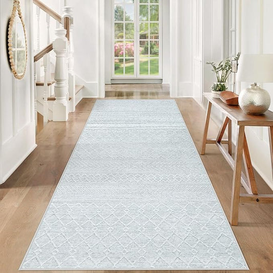 2x6 Runner Rug: Washable Boho Hallway Geometric Moroccan Throw Rug Neutral Modern Farmhouse Indoor Soft Non Slip Ultra Thin Printed Pattern Rugs for Kitchen Bedroom Laundry (Grey, 2'x6')