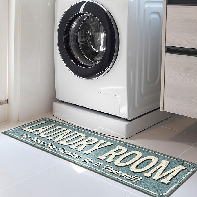 Machine Washable Text Design Rug Non-Slip Rubberback 2x5 Laundry Room Runner Rug for Bathroom, Washroom, 20" x 59", Baby Blue