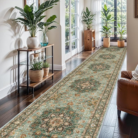 Washable Oriental Hallway Runner Rug - 3x16 Rugs for Living Room Soft Carpet for Bedroom Kitchen Waterproof Floral Distressed Indoor Stain Resistant Non-Shedding Floor Carpets (Green, 3X16)