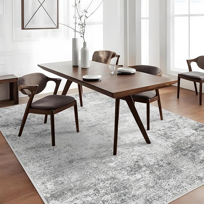 Washable 5x7 Abstract Area Rug - Large Living Room Area Rugs Modern Stain Resistant Indoor mat for Bedroom Dining Room Non Slip Rubber Backing Thin Super Soft Room Decor Floor Carpet 5X7 Grey
