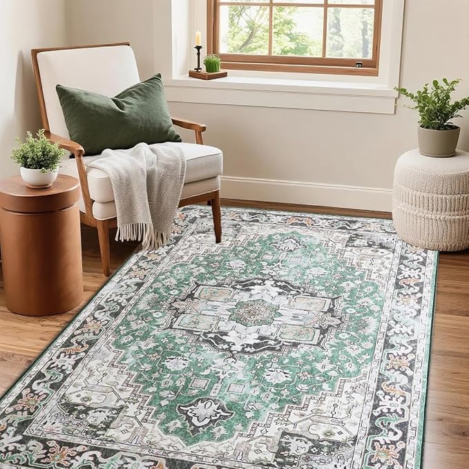 Vitnage Green Area Rug, Low Pile Washable Rugs, Non-Slip Distressed Rugs for Bedroom, Living Room, Kitchen, Dining Room (Green, 5x7)