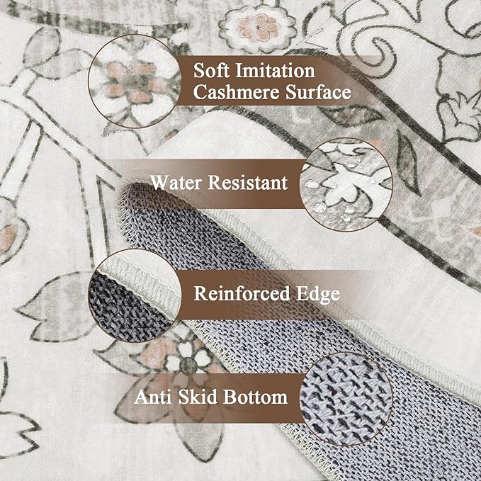 U'Artlines Boho Vintage Area Rug 5x7 Machine Washable Low Pile Soft Floor Carpet Non Slip Non Shedding Accent Rug for Living Room Bedroom Entryway Dining Room Office Grey Taupe