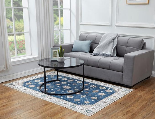 Soft Washable Faux Wool 4x6 Small Stain Resistant Rug Rubber Non-Slip Backing for Hallway Kitchen Bathroom Living Room Bedroom Entryway Indoor Doormat Bedside Carpet Mat (Navy Blue, 4' x 6')