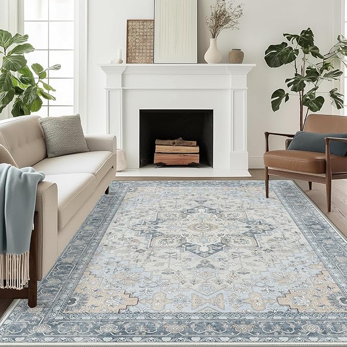 Area Rug 6x9 Machine Washable Vintage Distressed Print Blue Floral Medallion Accent Bedroom Living Room Hallway Entryway Throw Rug, Ultra-Thin Lightweight Non Slip with Gripper