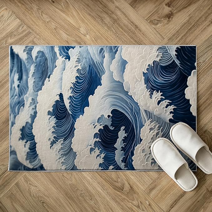 Bathroom Mat Ocean Wave Japanese Rugs Oriental Modern Machine Washable Soft Plush Rug Carpet Non Slip Nautical Navy Blue Area Rug for Entryway Kitchen Living Room Bedroom Dining Room Home 20x31.5 Inch