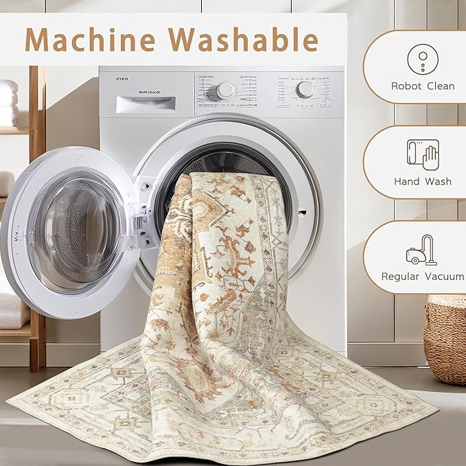 Washable Rugs 8x10 Area Rugs for Living Room,Rugs for Bedroom,Large Carpets,Ultra Soft Faux Wool Retro Dining Room Rug,Non Slip&Non-Shedding Low Pile Vintage Print Rug for Home Office,Turmeric