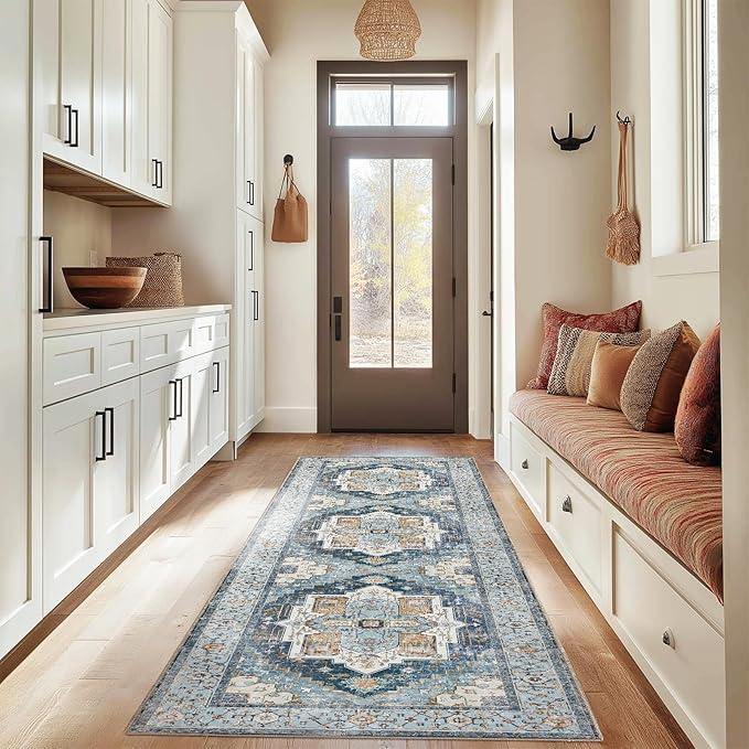 Washable 2x8 Area Rugs, Rugs for Living Room, Low-Pile Water&Stain Resistant Carpet Vintage Distressed Printed Non-Slip Carpet for Bedroom Bathroom Kitchen-Sky Blue