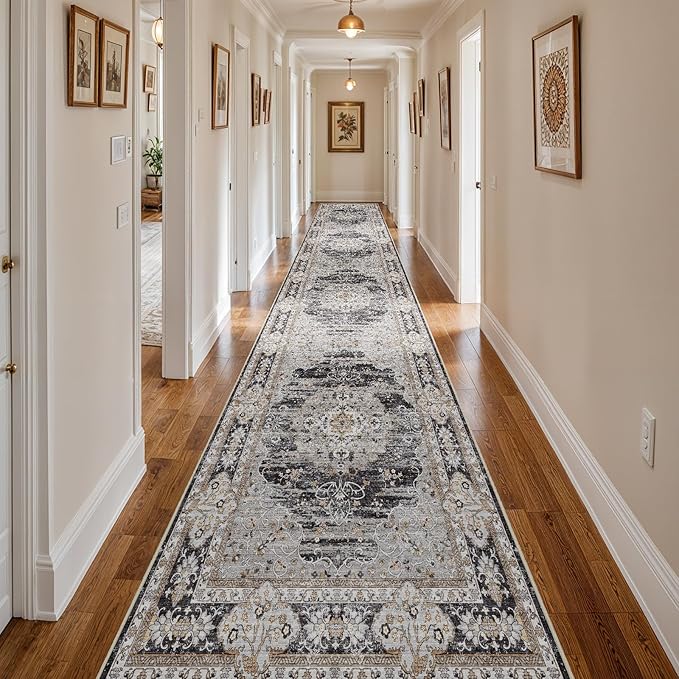 3x20 Runner Rug for Hallway Washable: Non Slip Kitchen Rugs with Rubber Backing Soft Waterproof Mats Stain Resistant Indoor Vintage Carpet Runner for Bedroom Bathroom Laundry Entryway Black/Gray