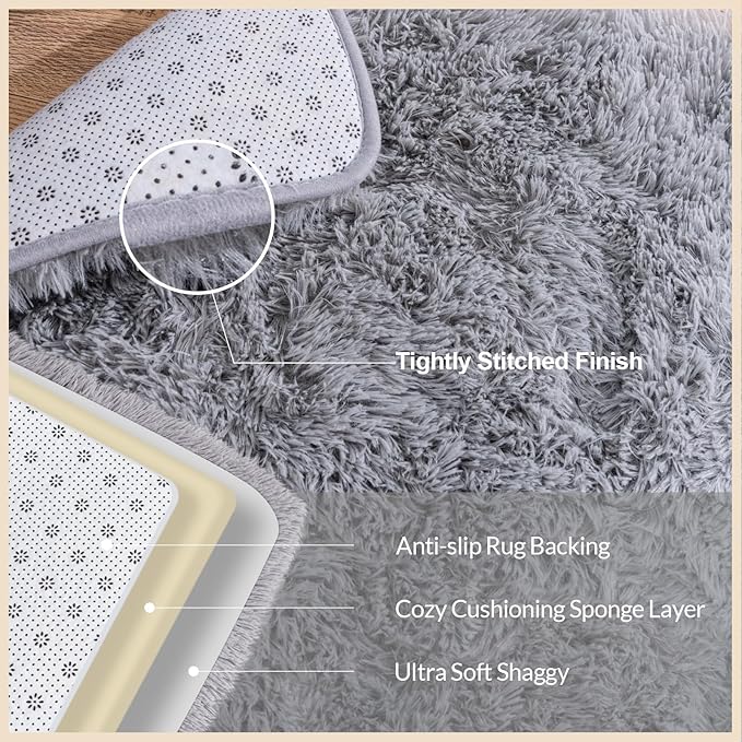 2x3 Rugs for Bedroom, Fluffy Area Rugs for Living Room, Soft Shag Kids Rug Small Carpet with 4 Non-Slip Rug Pads (Light Grey, 2ft x 3ft)