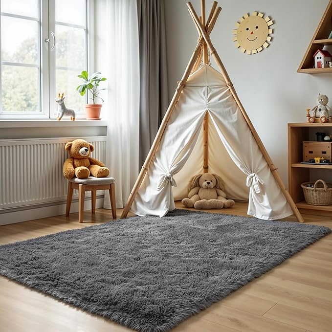 Zentavio Area Rugs for Living Room Grey Rugs for Bedroom 4x6 Carpet Fluffy Furry Soft Shag Aesthetic Plush High Pile Gray Throw Rug for Nursery Kids Room Dorm